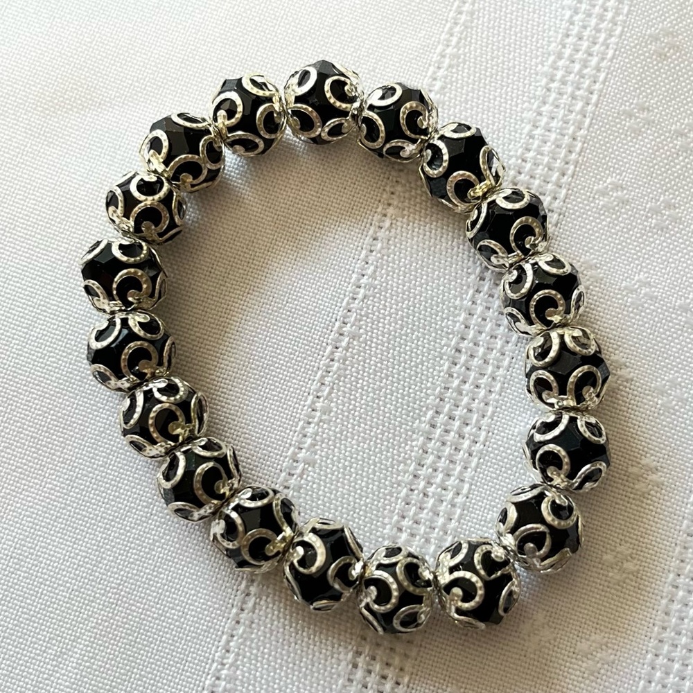Silvertone Accent Black Bead Stretch Bracelet